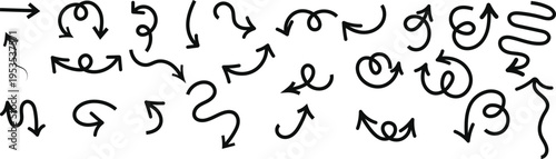 A collection of hand drawn arrows and swirling lines on a white background