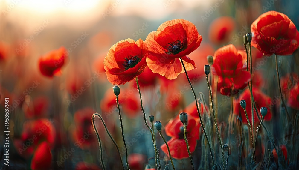 Fototapeta premium Vibrant Red Poppies Blooming in a Sun-Drenched Field at Golden Hour.