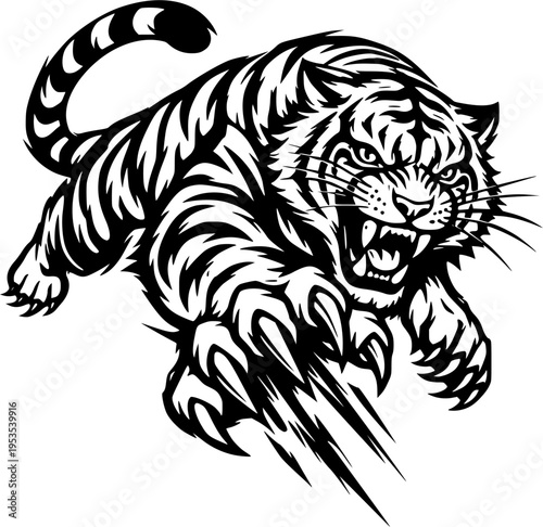 Tiger Jumping Forward Aggressive Pose Black and White Vector