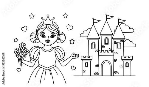 Princess castle coloring page vector fairy tale outline kids illustration