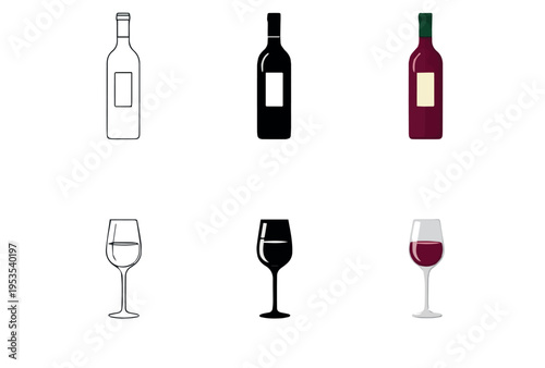 Wine bottle and glass icons symbolizing beverage drink alcohol celebration party bar and winery graphics
