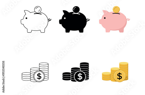 Piggy bank and coin icons symbolizing savings finance wealth banking investment and financial planning graphics