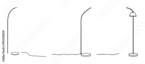 Mid-century modern arc floor lamp set with minimalist line art featuring mid-century modern, floor lamp, interior design with thin stroke and white background