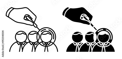 Linear icon. HR employee selects a candidate for a vacant position. Simple black and white vector symbol isolated on white background