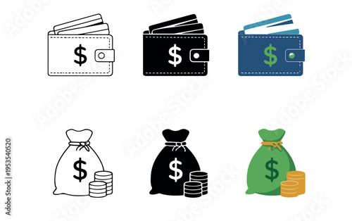 Wallet and money bag icons symbolizing finance savings wealth economy banking and financial management graphics
