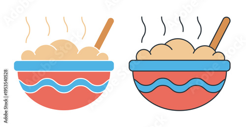 Linear icon. Deep bowl filled with delicious porridge, a spoon sticking out of the porridge. Simple colored vector symbol isolated on white background