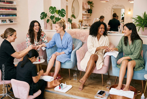 Group of women enjoying pampering pedicure and manicure treatments in a spa