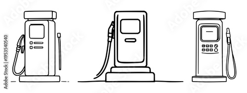 Fuel pump gas station icon set with flat vector illustration featuring fuel pump, gas station sign, truck icon with right angle and left angle