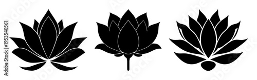 Lotus flower zen silhouette set with tranquil simple black and white line illustration featuring lotus, yoga, meditation with tranquility and mindfulness