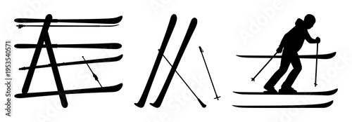 Skis and poles set with stylised silhouette of winter sports equipment featuring outdoor sports, winter gear, athletics with skiing and pole carving