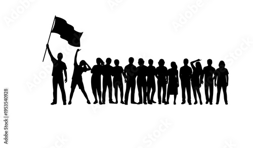 Line of People Silhouette Vector with One Holding Flag for Unity, Leadership, and Group Action