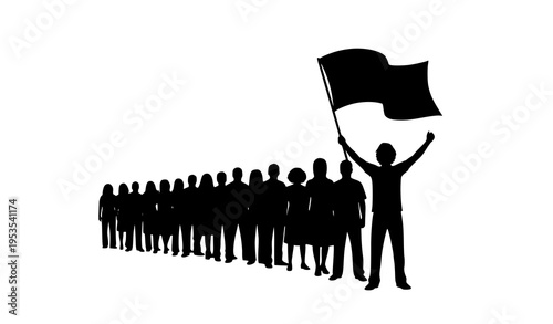 Silhouette of People in a Line with One Holding Flag Vector for Leadership, Unity, and Collective Action