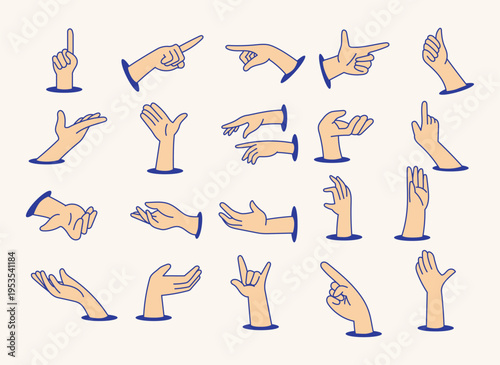 Diverse Hand Movements and Gestures with Blue Outlines