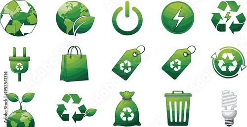 Assorted collection of green icons depicts global ecology, energy saving, battery charging, and circular economy concepts.