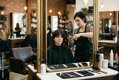 Hairdresser cutting client's hair with scissors in a salon setting