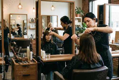 Hairdresser cutting client's hair with scissors in contemporary salon