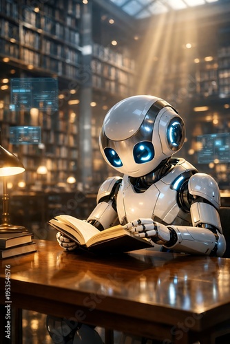 Robot reading book on wooden desk in library with blue glowing eyes blue eyes