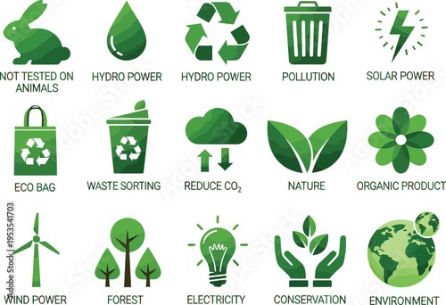 Assortment of ecological graphics includes icons for animal testing refusal, hydro power, waste disposal, solar power generation.