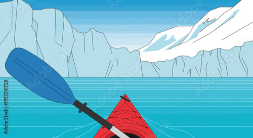Kayaking adventure in icy arctic landscape with snow capped mountains