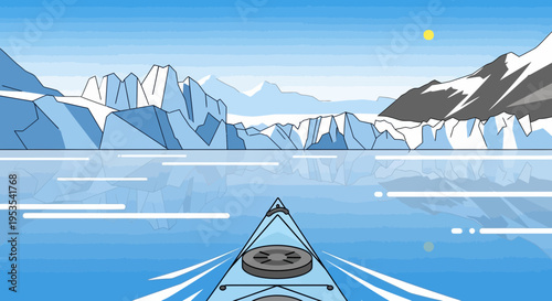 Kayaking through Arctic icebergs and glaciers in calm water, polar landscape