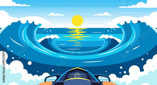 Jet Ski Rider Surfing Big Ocean Waves Under Sunny Sky