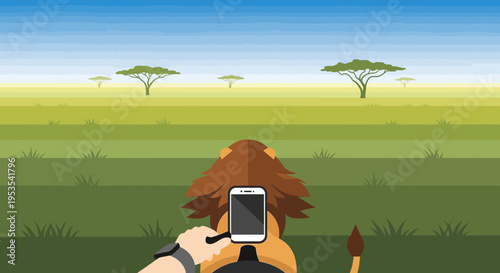 Lion taking selfie with smartphone in African savanna landscape