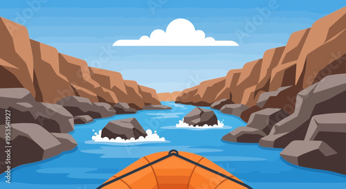 Rafting adventure through rocky canyon river, whitewater rapids, scenic landscape