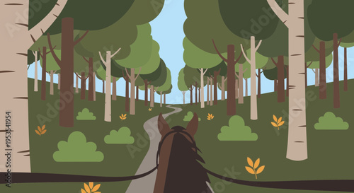 Riding a horse through a stylized forest path, POV perspective