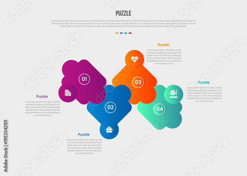 Puzzle or jigsaw base shape infographics gradient template diagram with round rhombus up and down with circle badge wave with 4 point step creative