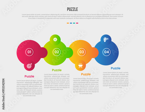 Puzzle or jigsaw base shape infographics gradient template diagram with big circle with circle badge on horizontal direction with 4 point step creative