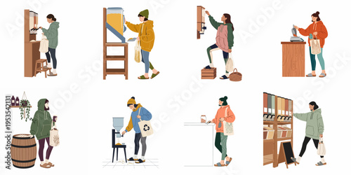 Eco-Friendly Women Shopping at Zero Waste Stores with Reusable Bags and Bulk Food Dispensers, Flat Vector Illustration Set.
