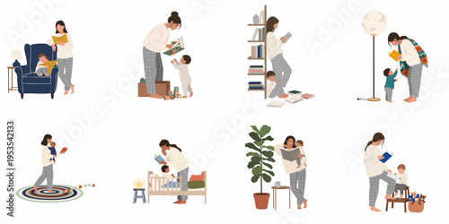 Set of Flat Illustrations Depicting a Mother and Child Engaging in Reading Activities and Bedtime Routines at Home