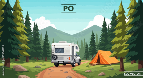 RV camper van and orange tent in a serene pine forest with mountains backdrop