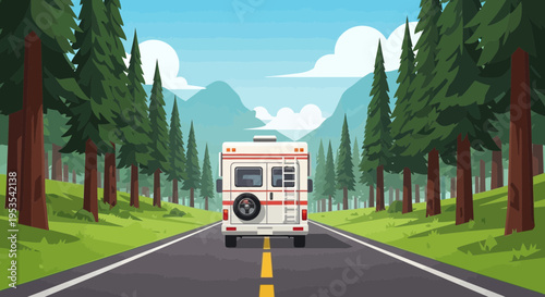 RV Camper Van Driving on Scenic Road Through Pine Forest Mountains
