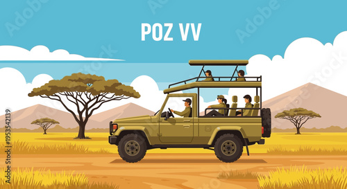 Safari Adventure: People in Open-Top Vehicle on African Savannah
