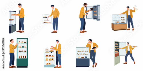 Vector flat illustration collection of a male bakery assistant performing daily tasks including stocking shelves, cleaning display cases, and managing a pastry shop.