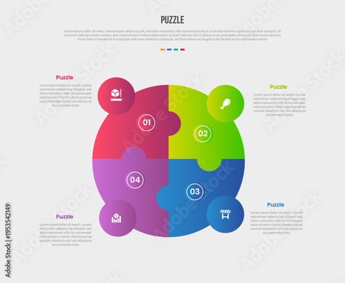 Puzzle or jigsaw base shape infographics gradient template diagram with big circle center with small circle badge on each side with 4 point step creative