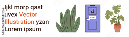 Home decor, digital security, eco-friendly lifestyle, text design, unlocking concepts, and home automation. A locked door, leafy plants and text elements. Digital security and eco-friendly concepts