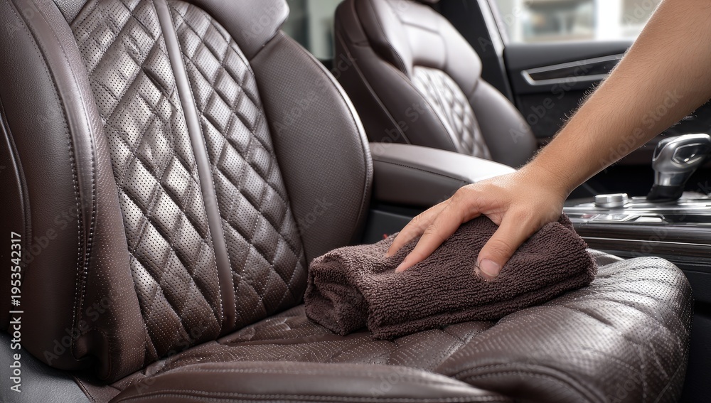 Fototapeta premium Hand cleaning luxurious quilted leather car seat with microfiber cloth.