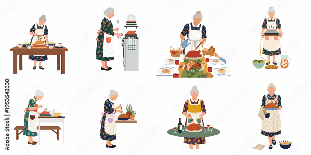 Fototapeta premium Collection of flat vector illustrations of a grandmother preparing and serving a traditional roasted turkey for a festive Thanksgiving or Christmas dinner.
