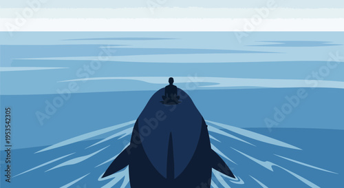 Serene person meditating on ship bow sailing across blue ocean waves