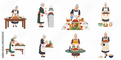 Collection of flat vector illustrations of a grandmother preparing and serving a traditional roasted turkey for a festive Thanksgiving or Christmas dinner.