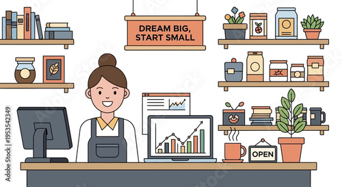 Small Business Owner at Counter with Growth Chart and Open Sign