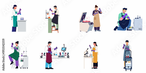 Collection of diverse laboratory professionals and scientists conducting scientific research and experiments with various equipment in a flat illustration style.