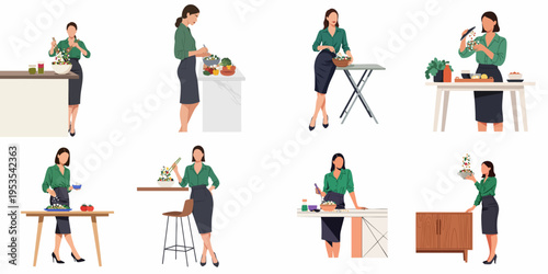 Professional woman in business attire preparing and enjoying healthy salads in multiple kitchen settings, showcasing workplace wellness and a balanced lifestyle.