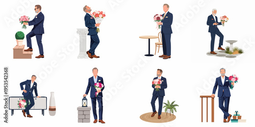 Collection of illustrations featuring a sophisticated mature man in a navy suit holding flower bouquets in various poses and settings.