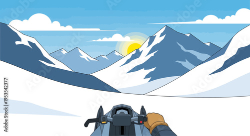 Snowmobile Adventure in Snowy Mountains with Sun