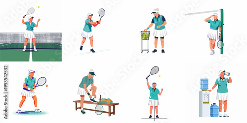 A collection of flat vector illustrations showing an active senior woman playing tennis, practicing, resting, and staying hydrated on the court.