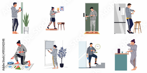 Set of illustrations showing people using smart home technology and automated devices for convenience and security in their daily domestic lives.