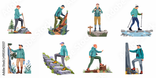 Collection of illustrations featuring an active senior woman enjoying various outdoor hiking adventures, including climbing, trekking, and exploring nature.